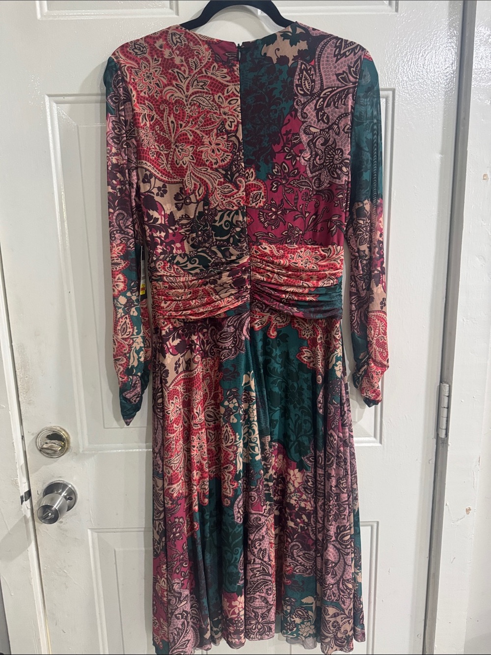Jessica Howard Teal, Burgundy and Cream Paisley Long Sleeve Midi Dress - Picture 3 of 13